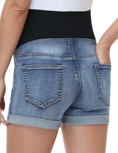 Maternity Denim Shorts High Waist - color: 2 Pack Medium Blue+light Blue, size: Large