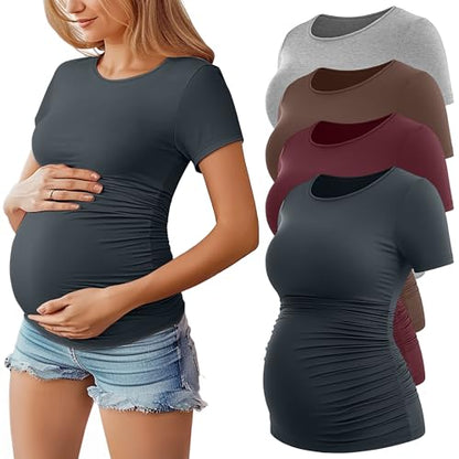 Huukeay 4 Pack Women's Short Sleeve Maternity Tops - color: Dark Gray, Burgundy, Coffee, Light Heather Gray, size: X-Large
