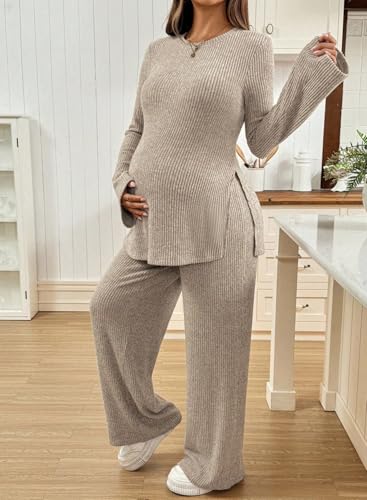 BLENCOT Maternity 2 Piece Outfits Ribbed Knit Long Sleeve Sets - color: Apricot, size: Small