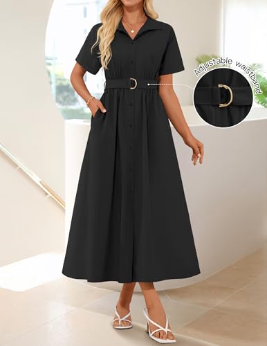 ZESICA Women's Summer Button Down Short Sleeve Midi Dress - color: Black, size: Small