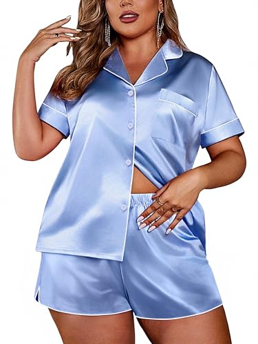 Ekouaer Womens Silk Satin Pajamas Set Short Sleeve Sleepwear S-5X Plus Size - color: Light Blue, size: X-Large
