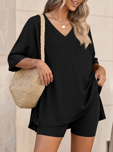 PRETTYGARDEN Womens 2 Piece Outfit Lounge Short Sets - color: Black, size: Large