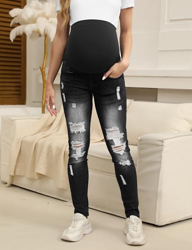 Maternity Jeans Over The Belly Slim Stretch Maternity Work Pants and Pocket - color: Black, size: Medium