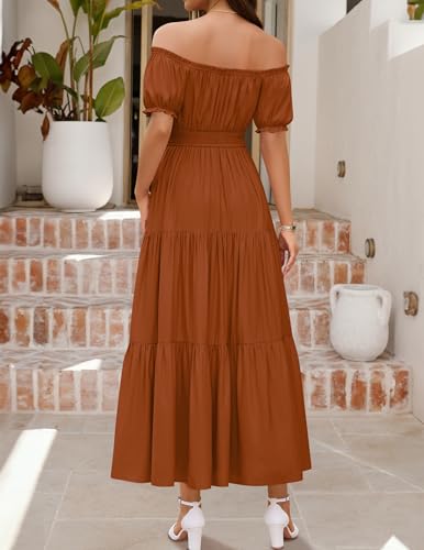 ZESICA Womens 2026 Summer Off Shoulder Boho Maxi Dress - color: Caramel, size: Small
