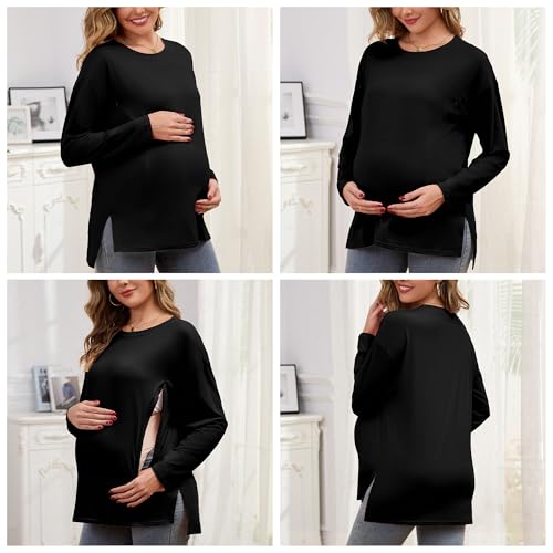 Women's Nursing Shirts Long Sleeve with Hidden Zipper Oversized Breastfeeding Tops Side Split Maternity Blouse - color: Black, size: Large