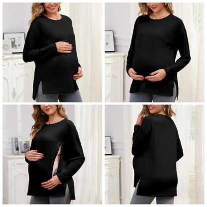 Women's Nursing Shirts Long Sleeve with Hidden Zipper Oversized Breastfeeding Tops Side Split Maternity Blouse - color: Black, size: Large