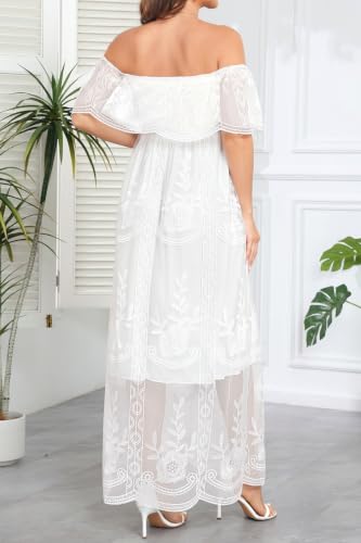 Women's Off Shoulder Maternity Dress Swiss Dot Boho Baby Shower Dress - color: White Lace, size: Medium