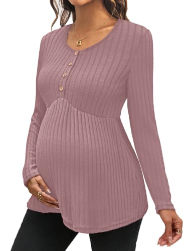 Genhoo Womens Maternity Tops Long Sleeve Maternity Shirts Henley Clothes - color: Dusty Pink, size: Large
