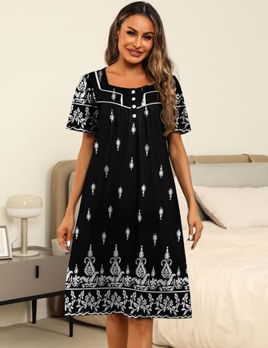 Ekouaer Women's House Dress with Pocket Button Mumus - color: Black Boho, size: Large