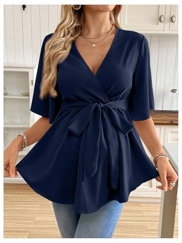 MakeMeChic Women's Maternity Nursing Blouse Wrap Belted Pregnancy Shirt - color: Dark Blue, size: Medium
