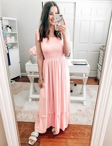 Tobrief Women's Boho Dress Summer Spaghetti Strap Square Neck Flowy Ruffle Beach Long Maxi Dress - color: 03 Pink, size: Medium