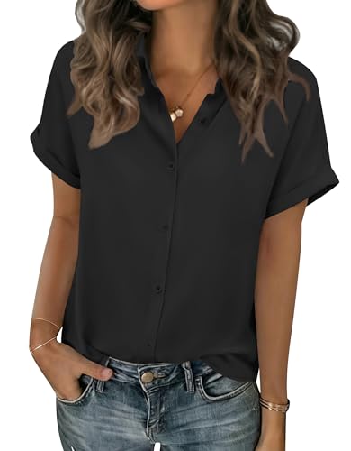 Zeagoo Short Sleeve Summer Tops for Women Button Down Shirts Work Blouses - color: Black, size: Small