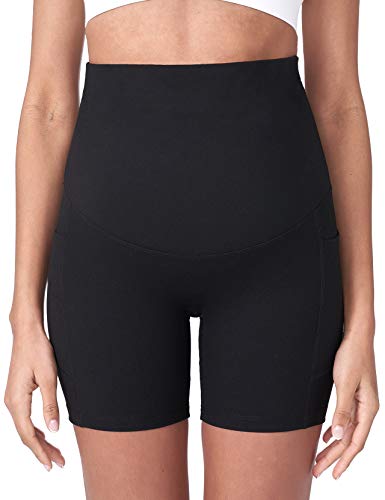 POSHDIVAH Maternity Biker Shorts Over the Belly with Pockets 5"/8" - color: Black, size: Large