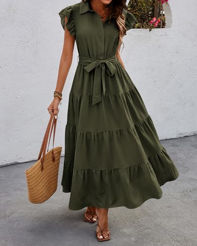 dowerme Women Ruffle Sleeve Button Belted Boho Maxi Dress - color: Army Green, size: Medium