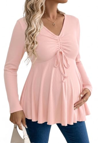 Genhoo Womens Long Sleeve Maternity Tops Ribbed V Neck Maternity Shirts - color: Dusty Pink, size: Medium