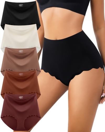 High Waisted Seamless Underwear for Women No Show Panties Full Coverage Scalloped Edge Silky Breathable Briefs 5 Pack - color: Multicolor 5 Pack, size: X-Large
