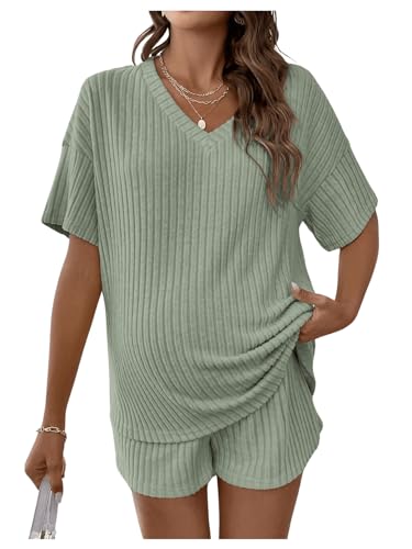 SweatyRocks Maternity 2 Piece Outfits T Shirts and Elastic Waist Shorts Set - color: Green, size: Medium