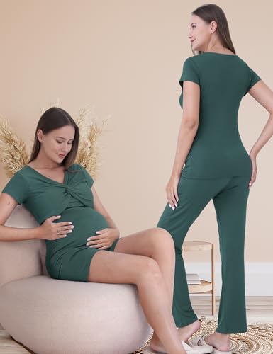 3-Piece Maternity Nursing Pajamas Set for Pregnancy & Postpartum - color: Teal, size: Small
