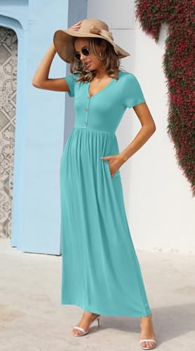 GRECERELLE Womens Summer Long Maxi Dresses 2026 Short Sleeve V Neck Casual Button Dress with Pockets - color: Cyan, size: Medium