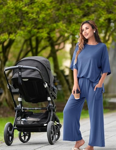 Maternity Lounge Set, 2 Piece Matching Set with Wide Leg Pants - color: Deep Blue, size: XX-Large