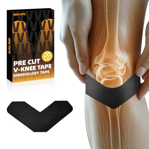 Kinesiology Tape – Waterproof and Hypoallergenic Athletic Tape for Muscle Support, Knee, Shoulder, and Ankle, 20 Strips (V-Knee-Black) - color: Black-v-form