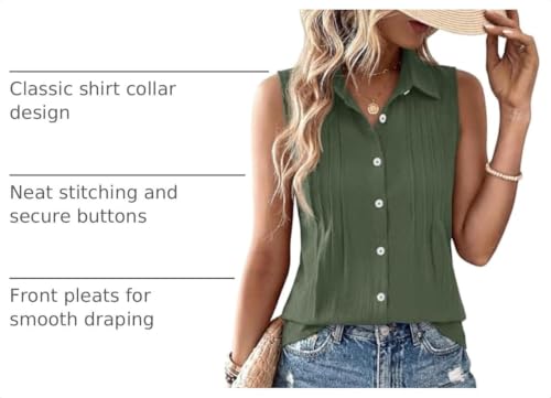 LOMON Women’s Summer Sleeveless Button Down Shirt Office Collared Blouses with Pleated Front Casual Basic Tank Tops - color: Amy Green（cotton）, size: Large
