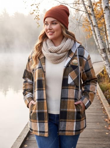 OLRIK Women's Plus Size Hooded Flannel Shacket Zip Up Jacket - color: Black Caramel Beige, size: 5X