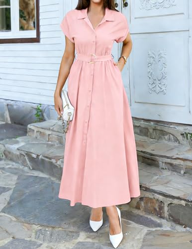 ZESICA Women's Summer Button Down Short Sleeve Midi Dress - color: Pink, size: Large