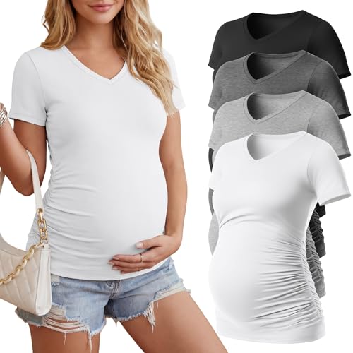 Huukeay 4 Pack Women's Maternity Shirts Pregnancy Top - color: Black, Light Gray, Dark Gray, White, size: XX-Large