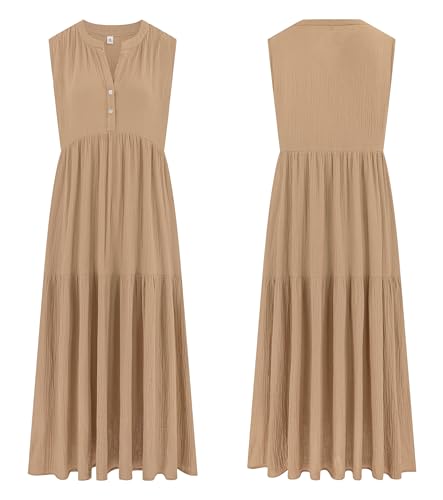 R.Vivimos Womens Summer Cotton Button V Neck Maxi Dress - color: Light Khaki, size: Medium