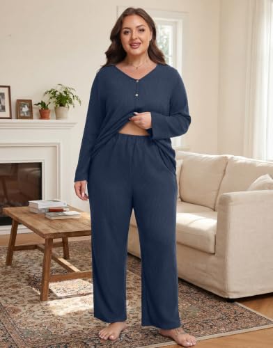 Plus Size Pajama Set for Women Long Sleeve Loose Fit Loungewear - color: Navy Blue, size: 4X-Large Plus