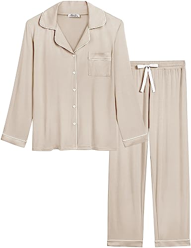 Cherrydew Women's Bamboo Viscose Cooling Long Sleeve Button Up Pajama Set - color: Cream, size: Small