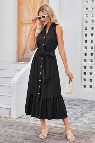 OUGES Womens 2025 Spring Maternity Dress Polo V Neck Sleeveless Ruffle Button Pregnancy Casual Work Dress with Pockets - color: Black, size: XX-Large