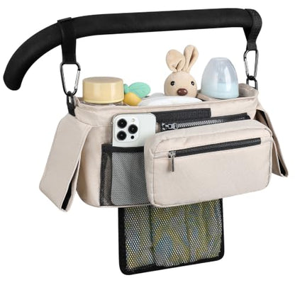 Accmor Universal Stroller Organizer with Insulated Cup Holder - color: All Off White/Detachable Diaper Pocket