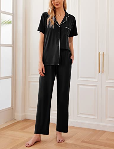 Ekouaer Womens Pajamas Set Short Sleeve Button Down Top & Pants Lounge Pjs - color: Black, size: Medium