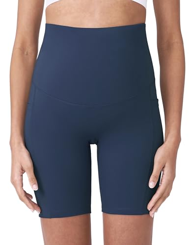 POSHDIVAH Maternity Biker Shorts Over the Belly with Pockets 5"/8" - color: Navy Blue, size: Large