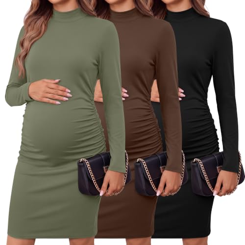 3 Pack Women's Maternity Dresses Long Sleeve Dresses - color: Black, Coffee, Army Green, size: Small