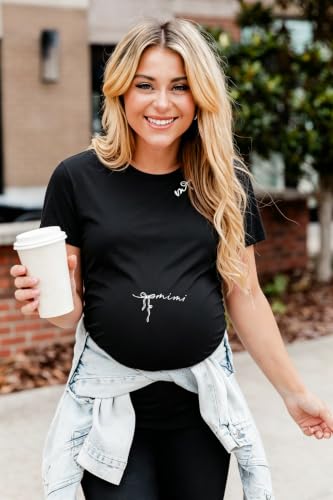 Maternity Shirts for Women Pregnancy Top Tees Crew Neck Graphic Side Ruched Casual Mama Clothes - color: Black, size: Medium