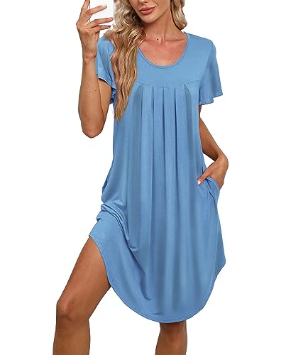Womens Pleated Front Loose Fit Short Sleeve Nightgowns Sleep Dress - color: A-solid - Baby Blue, size: X-Large