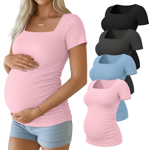 Huukeay 4 Pack Women's Short Sleeve Maternity Shirts - color: Black, Dark Gray, Light Blue, Pale Pink, size: Medium