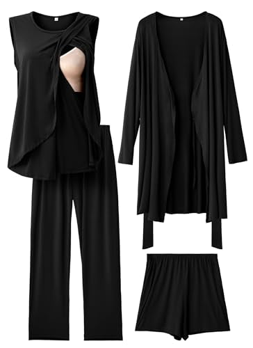 Rnxrbb 4 PCS All-Season Nursing Pajamas Robe Set Maternity Postpartum Pjs - color: Black, size: Medium