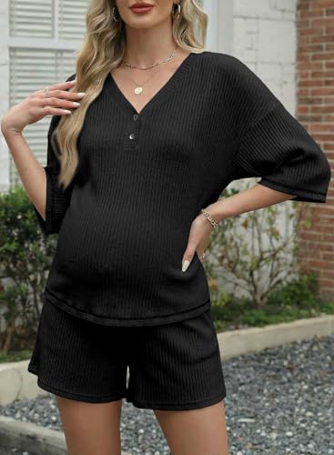 BLENCOT Maternity Pajamas Nursing Set Shorts Pregnancy Pj Sets - color: Black, size: Medium