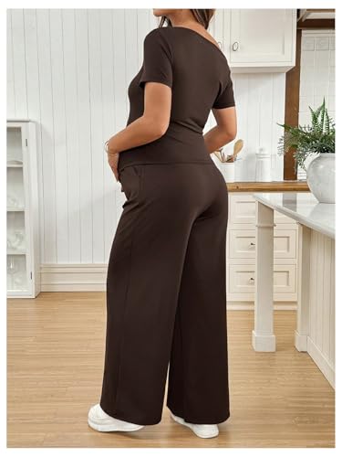 SweatyRocks Women's Maternity Sets 2 Piece Off The Shoulder Top and Pants - color: Brown, size: Large