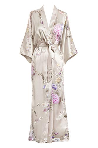 OLDSHANGHAI Satin Long Kimono Robe for Women - color: Chrysanthemum & Crane - Willow
