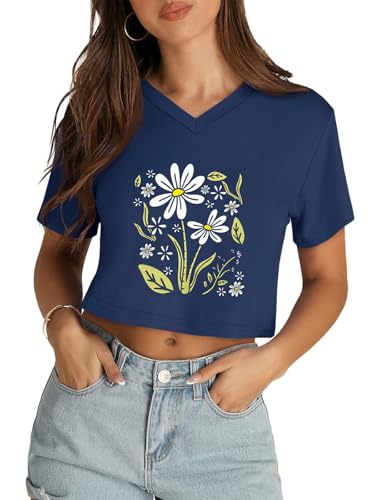 Womens Crop Tops Short Sleeve V Neck Summer Cropped T Shirts Baisc Tees - color: Dark Blue Daisy, size: Medium