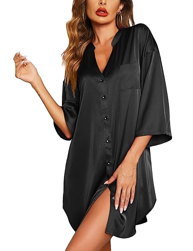 Ekouaer Satin Nightgowns for Women 3/4 Sleeve V-Neck Button Down Sleepwear - color: 01 Black, size: Medium