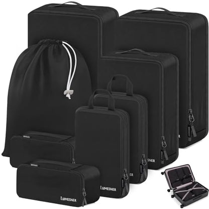 Lumesner 8 Set Compression Packing Cubes, Travel Suitcase Organizers - color: Black