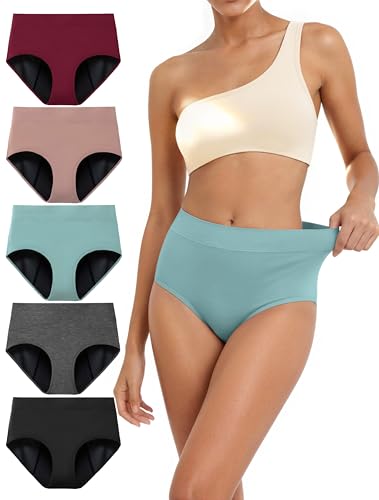TIICHOO Period Underwear for Women High Waist Womens Incontinence Underwear - color: 1 Black/1 Light Grey/1 Burgundy/1 Rose Gold/1 Turquoise Green, size: XX-Large
