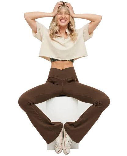 TOPYOGAS Women's Casual V Crossover High Waisted Flare Yoga Pants - color: Brown, size: Medium