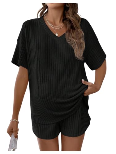 MakeMeChic Women's Maternity 2 Piece Sets Ribbed Shirt and Biker Shorts - color: Black, size: Medium
